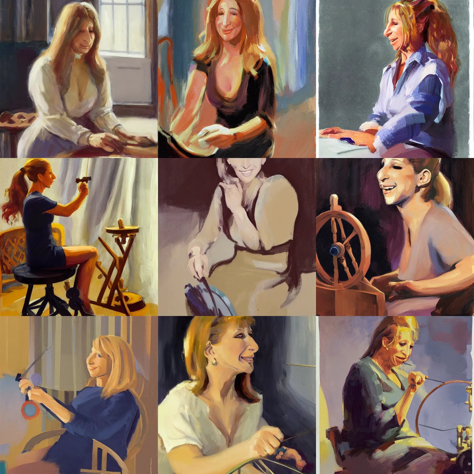 Prompt: barbra streisand spinning yarn on a spinning wheel, smaller nose, no makeup wavy hair, defined facial features, symmetrical facial features. by gregory manchess, james gurney, james jean