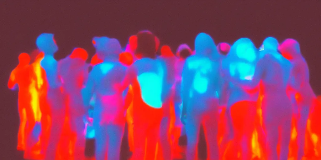 Prompt: love, groups of people in glowing thermal colors, from behind, rebirth, wide angle, cinematic atmosphere, elaborate, highly detailed, thermal heat colors, dramatic lighting