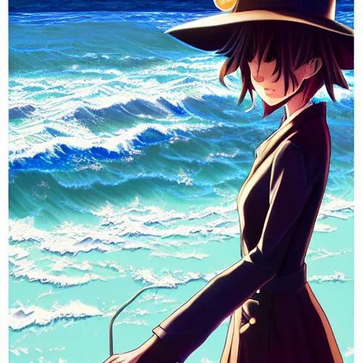 Image similar to Kirisame Marisa looking at the sea by Dan Mumford, beautiful anime portrait, official artwork, stylistic, Touhou character, brush strokes, oil, canvas