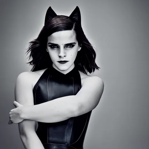 Image similar to Emma Watson as Catwoman, 105mm, Canon, f/1.4, ISO 100, 1/200s, 8K, RAW, symmetrical balance, Dolby Vision, Aperture Priority, white balanced