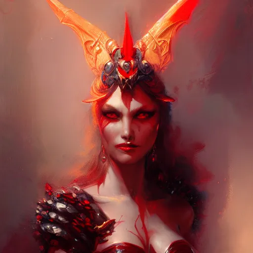 Prompt: attractive demon queen with red eyes painting by gaston bussiere, craig mullins, luis rollo, portrait, digital painting, highly detailed, artstation, sharp focus, illustration, concept art