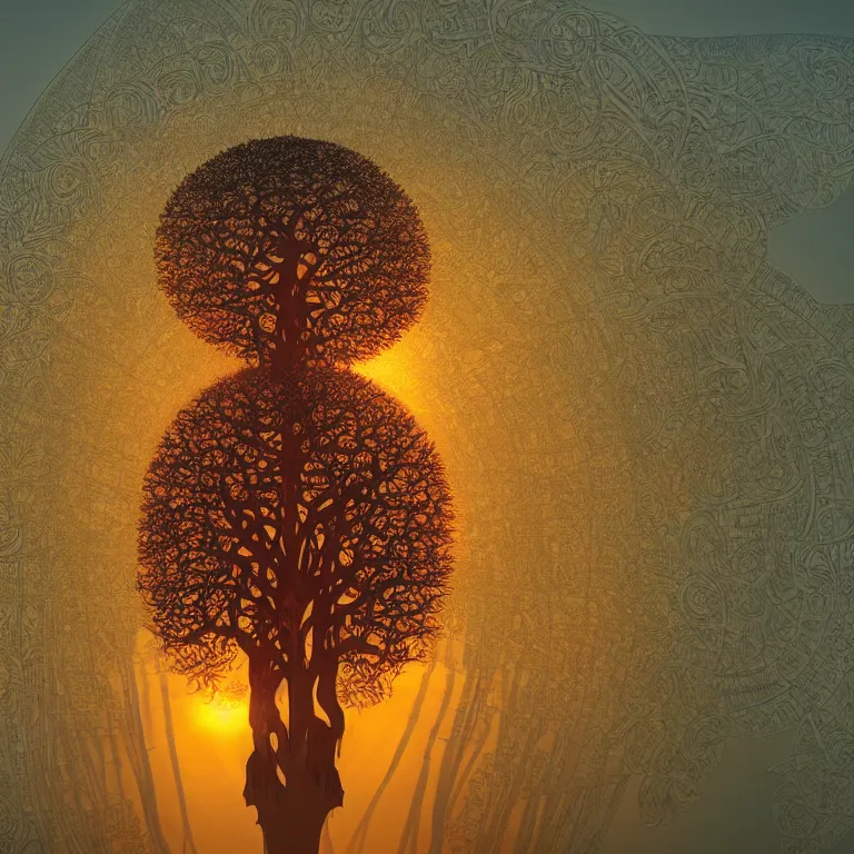 Image similar to The Bodhi Tree at Sunset, beautiful art with volumetric lighting, by Jonathan Zawada, Alphonse Mucha, beeple, Pi-Slices and Kidmograph