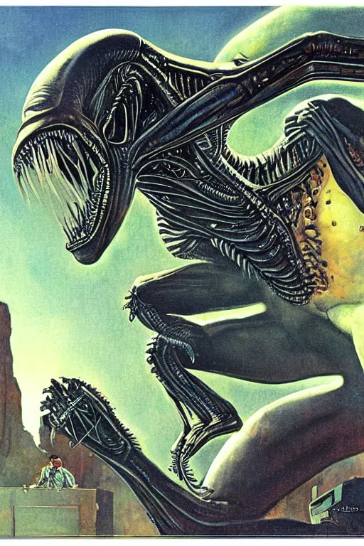 Prompt: alien monster by wayne barlow, norman rockwell, boris vallejo