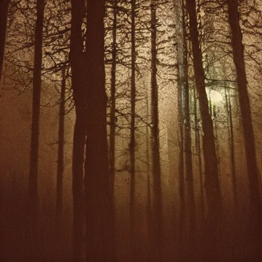 Prompt: grainy surveillance photo still of an alien in the woods at night hiding in the trees of a forest, low contrast, atmosphere, moonlight through trees