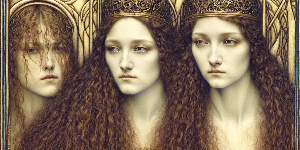 Image similar to detailed realistic beautiful young medieval queen face portrait by jean delville, gustave dore and marco mazzoni, art nouveau, symbolist, visionary, gothic, pre - raphaelite. horizontal symmetry