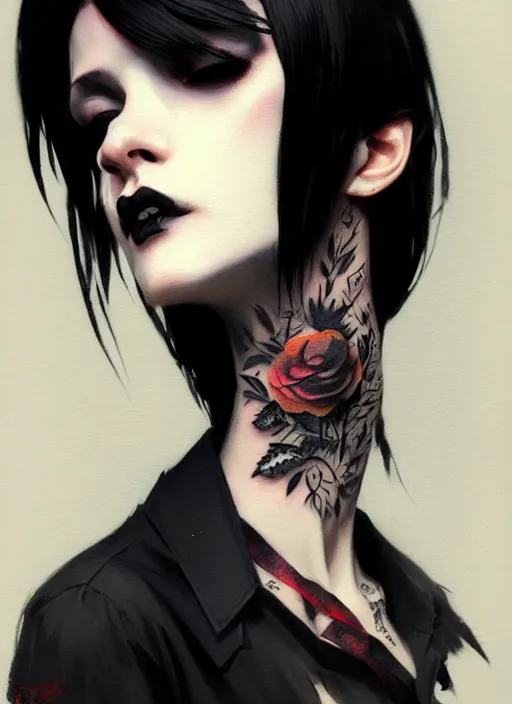 Image similar to ultradetailed beautiful panting of a stylish goth woman wearing a shirt with a tie, tattoos, she has black hair, distressed, by greg rutkowski, ashley wood, makoto shinkai, ilya kuvshinov, on artstation