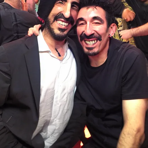 Image similar to serj tankian and markiplier, laughing together