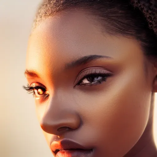 Image similar to beautiful female angel, brown skin, asymmetrical face, ethereal volumetric light, sharp focus