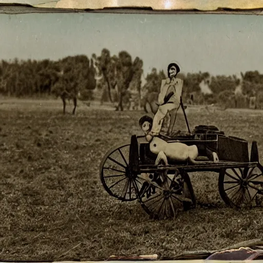 Prompt: an alien riding a wagon in a farm near dikanka, top secret style photo,