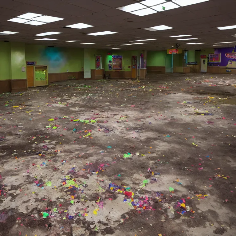 Prompt: photograph of abandoned Chuck E Cheese, atmospheric lighting