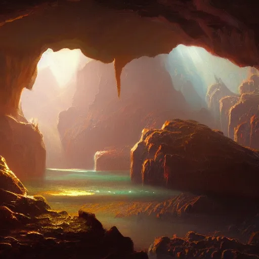 Image similar to glowing crystal cavern painting in the style of Albert Bierstadt, HD wallpaper, concept art, trending on art station