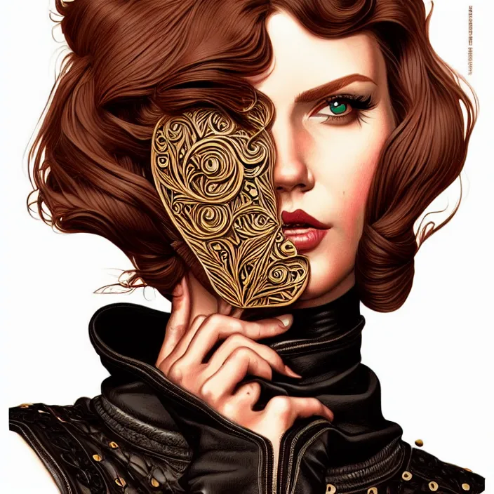 Image similar to woman in leather face portrait illustration, vector art style, medium shot, intricate, elegant, highly detailed, digital art, ffffound, art by jc leyendecker and sachin teng