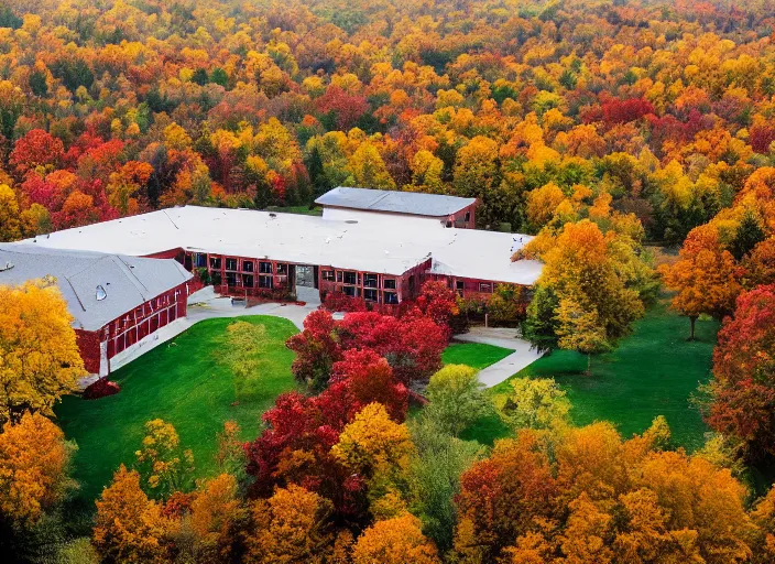 Image similar to low drone shot of a beautiful ranch style School campus in the middle of the Woods during autumn