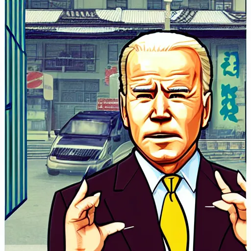 Prompt: gta chinatown wars art style as joe biden on next gta poster, with very detailed content, justify contents center, remove duplicate content.