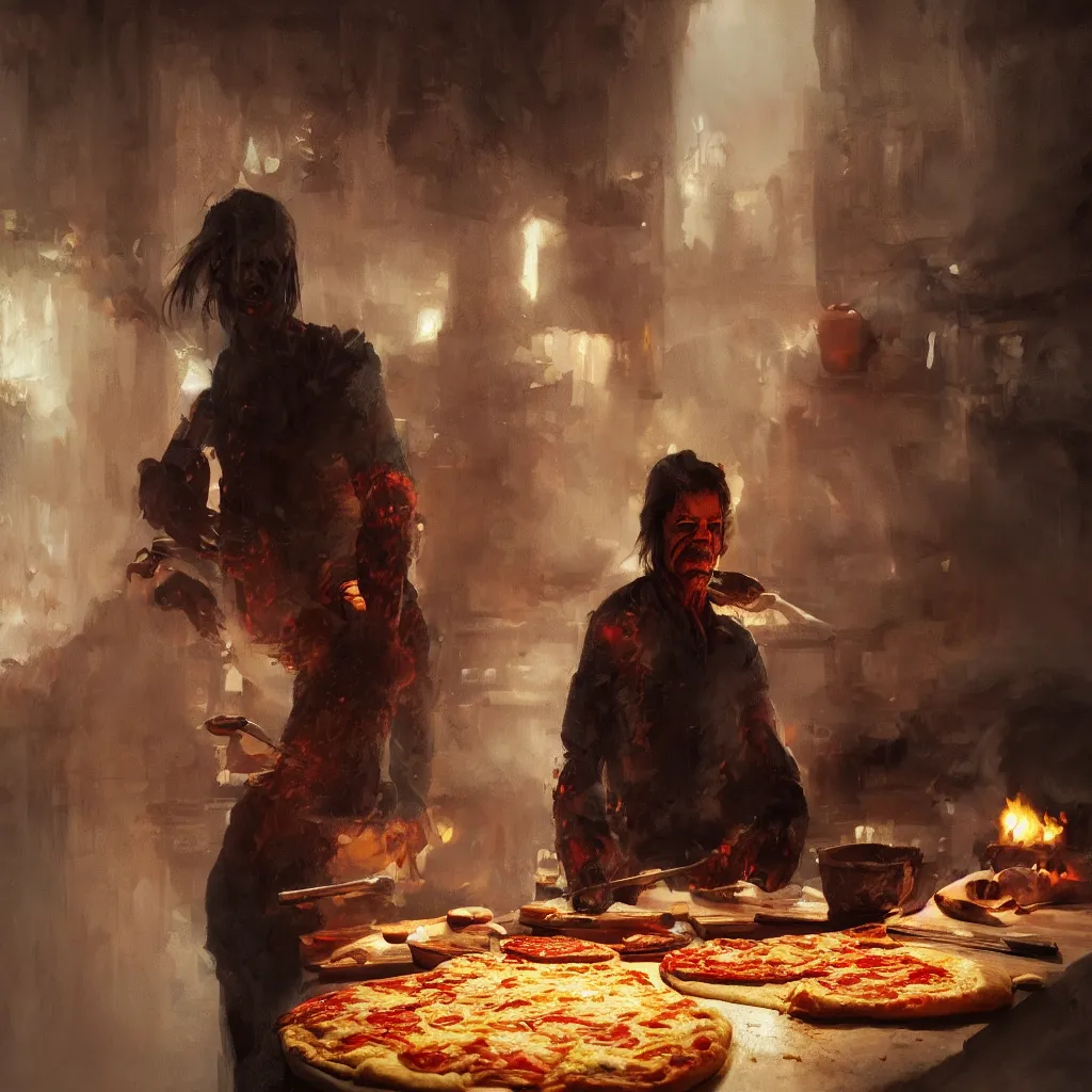 Image similar to a portrait of nick cave baking pizza, eerie colors, dramatic light, gorgeous view, depth, high detail, digital art, painted by greg rutkowski and seb mckinnon, trending on artstation