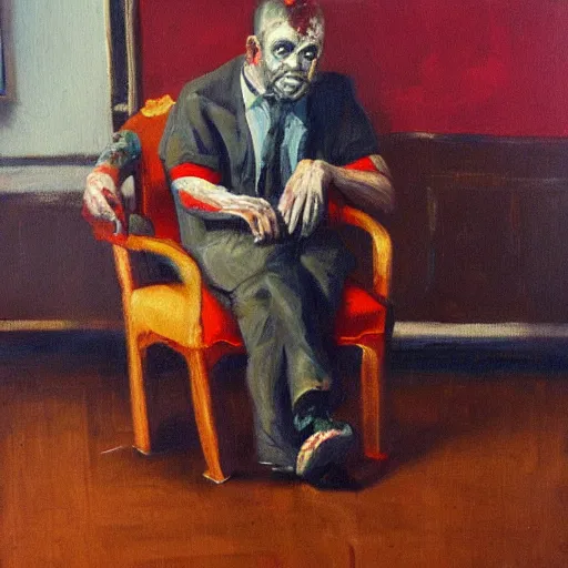 Prompt: a painting of a man sitting in a chair, a fine art painting by francis bacon, trending on artstation, shock art, oil on canvas, macabre, apocalypse art