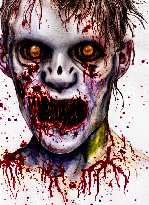 Image similar to zombie hollywood professional acting headshot, hyperrealism, david dennis, snl intermission photo, intricate detailed, studio lighting, charming expression gesicht, hauntingly beautiful zombie, watercolor art, epic, legendary, drawn and painted, colored layers, dulled contrast, exquisite fine art, splatterpaint