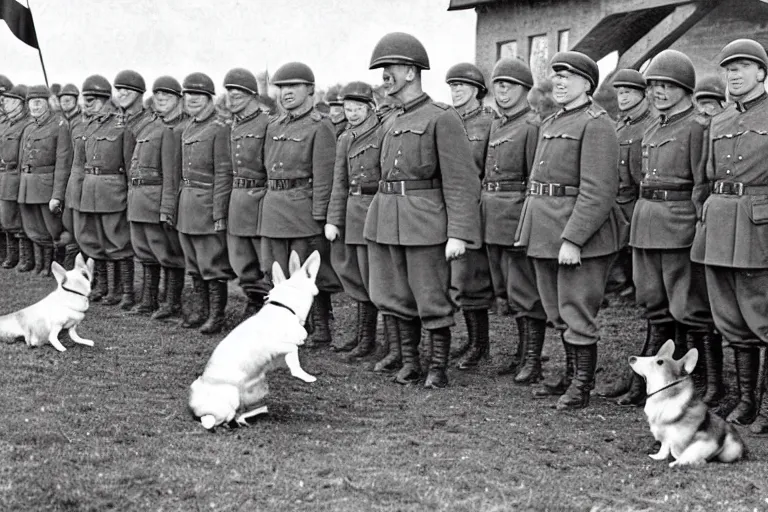 Image similar to ultra wide 1 9 4 6 historical far away photo the german generals surrendering to young queen elizabeth, her corgis are nearby highly detailed
