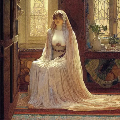 Prompt: a renaissance oil painting of a veiled ghost woman inside an intricately decorated living room by Alma Tadema, by Alphonse Mucha, pastel color scheme, digital painting