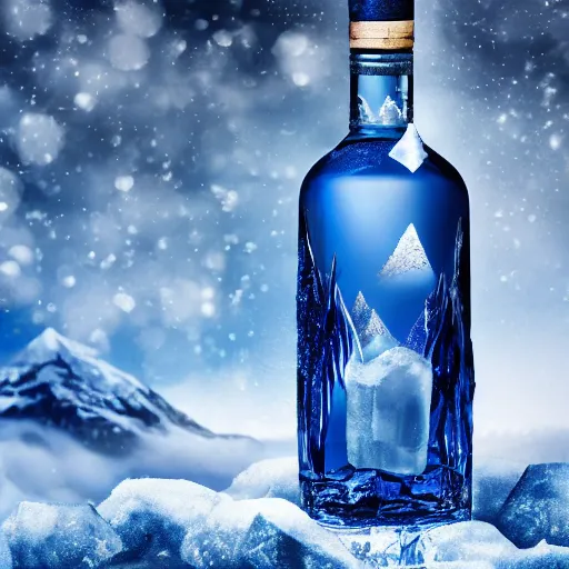 Image similar to an award - winning advertisement photo of a mystical blue liquor bottle with a snowy mountain and ice, drammatic lighting, sigma 5 0 mm, ƒ / 8, behance