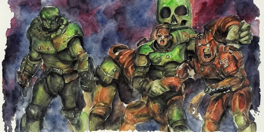 Image similar to doomguy fight in hell watercolor art dark shadows pergament paper