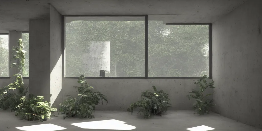 Image similar to a brutalist concrete room, brutalism, interior design, vegetation, nature decoration. render, photorealism, beautiful, cinematic dramatic atmosphere, volumetric cinematic perfect light, detailed octane render trending on artstation, 8 k, by chris hytha and jag studio