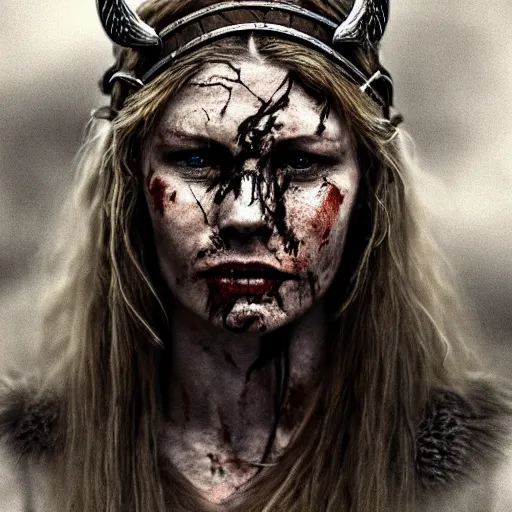 Prompt: Ultrawide realistic photo of a bloody fierce viking woman, injured, battle-scarred mind-blowing details, highly detailed face, ethereal, sadness, luxury, ominous, scarred, highly detailed, viking attire, cinematic, 16k, 1080s, smooth, sharp focus, by Stanley Artgermm, WLOP, trending on DeviantArt, trending on ArtStation, digital art, Smooth gradients, depth of field, shot on Canon Camera