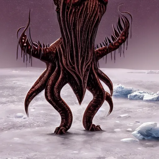 Image similar to ancient unknown eldritch creature rising from the ice, antarctica, digital art, realistic, detailed, artstation