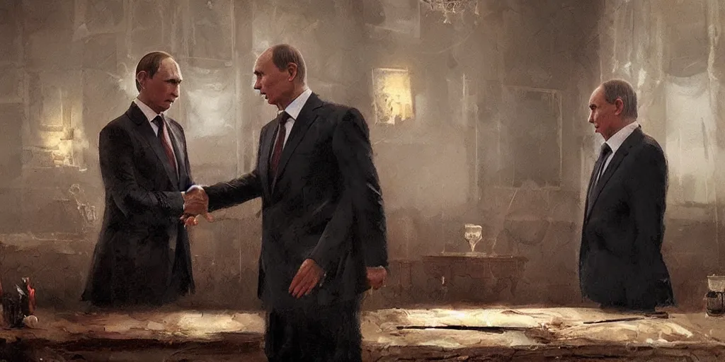 Image similar to picture vladimir putin play with serghei lavrov as a puppet marionete, painting by greg rutkowski