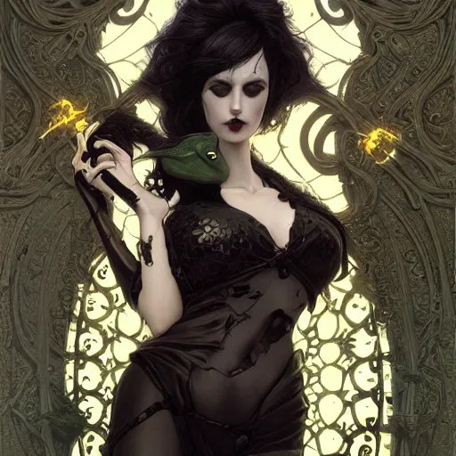 Image similar to attractive goth woman with a frog, intricate, highly detailed, digital painting, artstation, concept art, smooth, sharp focus, illustration, unreal engine 5, 8 k, art by artgerm and greg rutkowski and alphonse mucha