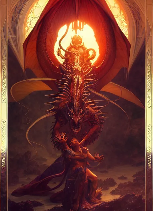 Image similar to a beautiful cd album cover of a satanic sorcerer taming a dragon, intricate, sharp focus, illustration, highly detailed, digital painting, concept art, matte, art by WLOP and Artgerm and Greg Rutkowski and Alphonse Mucha, masterpiece