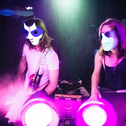 Prompt: scandy and arender playing a live gig at night time with masks on, beautiful girls, colored lights, stroboscope, heavy fog machine, no faces visible, huge crowd on drugs, ecstatic crowd, photorealistic photography