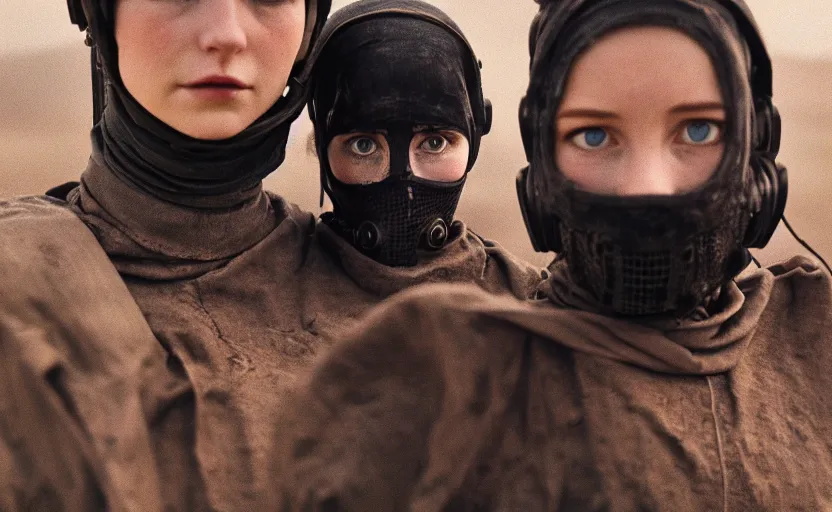 Image similar to cinestill 5 0 d photographic portrait by helen levitt of two loving female androids wearing rugged black mesh techwear on a desolate plain, extreme closeup, modern cyberpunk moody cinematic, dust storm, 8 k, hd, high resolution, 3 5 mm, f / 3 2, ultra realistic faces, ex machina