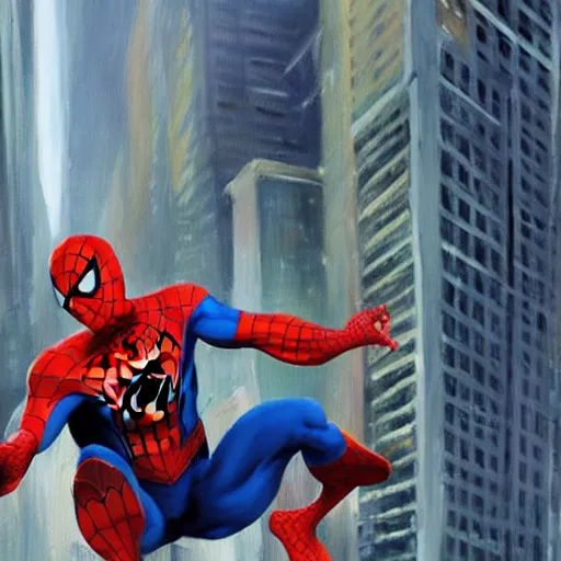 Image similar to oil painting of spiderman swinging through new york city buildings. far away, from behind, epic, sense of motion, motion blur, artstation, artgerm