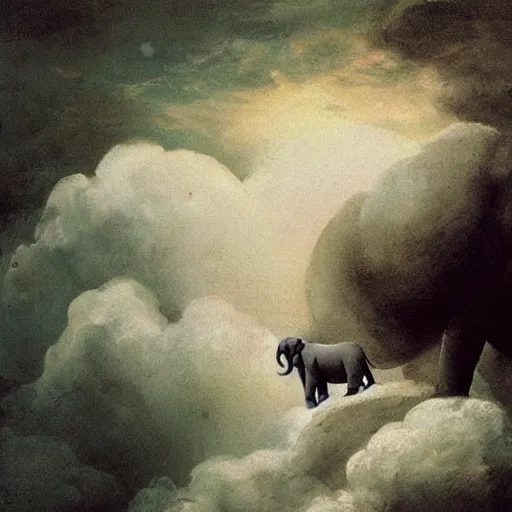 Image similar to “falling asleep with cute elephants made from clouds, illustration, detailed, smooth, pink white and green, by Adolf lachman, bob ross, Goya,”