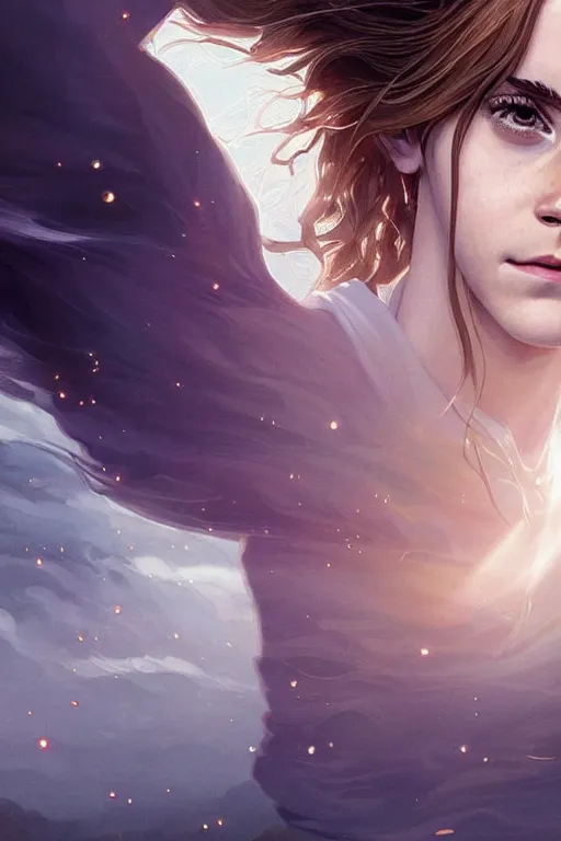 Image similar to Poster artwork, Emma Watson as Hermione Granger, fading!!!, dissolving!!! into light!!!, vanishing!!!, magnificent, medium shot, close up, details, sharp focus, elegant, highly detailed, illustration, by Jordan Grimmer and greg rutkowski and PiNe(パイネ) and 薯子Imoko and 香川悠作 and wlop!! and maya takamura, intricate, beautiful, Trending artstation, pixiv, digital Art