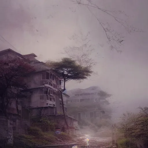 Image similar to walking around dilapidated!! abandoned ikeshima island, nagasaki, japan. volumetric lighting, foggy, spring evening, dark overcast weather, realistic illustration, perfectly shaded, ( golden hour ) soft painting, art by krenz cushart and wenjun lin