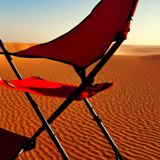 Image similar to a red camping chair in the middle of the sahara desert. the chair is 1 0 feet away from the camera.