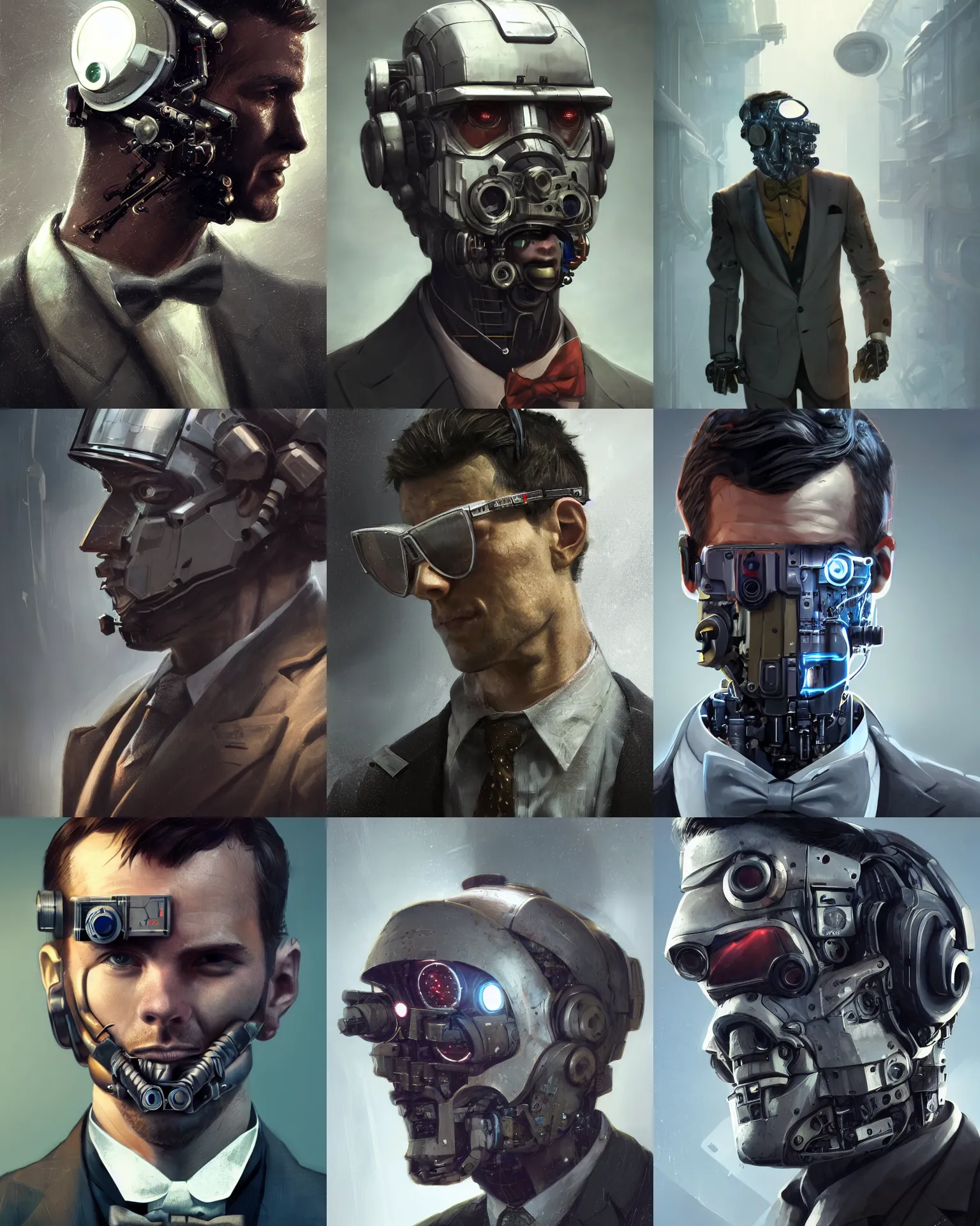 Image similar to a rugged young engineer man with cybernetic enhancements wearing a suit and bowtie, detailed face with visor, scifi character portrait by greg rutkowski, esuthio, craig mullins, 1 / 4 headshot, cinematic lighting, dystopian scifi gear, gloomy, profile picture, mechanical, half robot, implants, steampunk