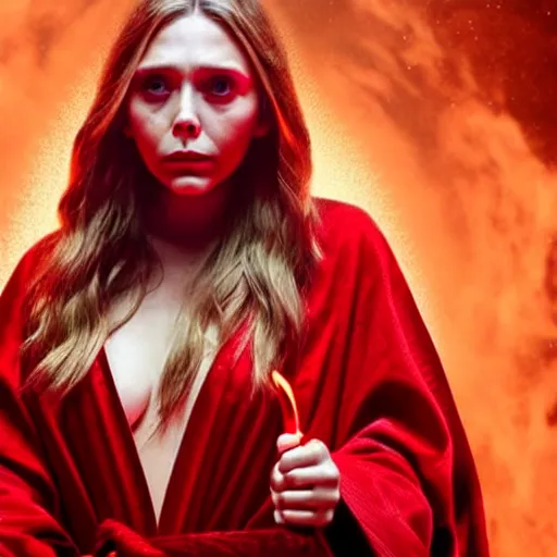 Image similar to a full body image of elizabeth olsen in a red wizards robe casting an evil spell, detailed face, red swirls, ominous lighting, night time, high quality