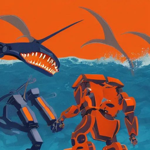 Prompt: a giant athletic sleek well - designed strong blue mecha robot fighting a giant orange monstrous hammerhead shark kaiju creature in waist deep water