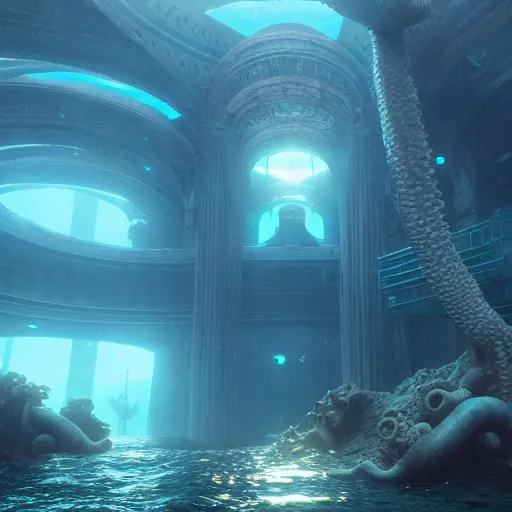 Image similar to the underwater lost city of atlantis, huge octopus nearby, volumetric light, detailed, unreal engine, by greg rutkowski