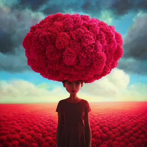 Prompt: head made of carnations flower, girl standing in a vast flower field, surreal photography, sunrise dramatic light, impressionist painting, colorful clouds, large sky, digital painting, artstation, simon stalenhag, flower face