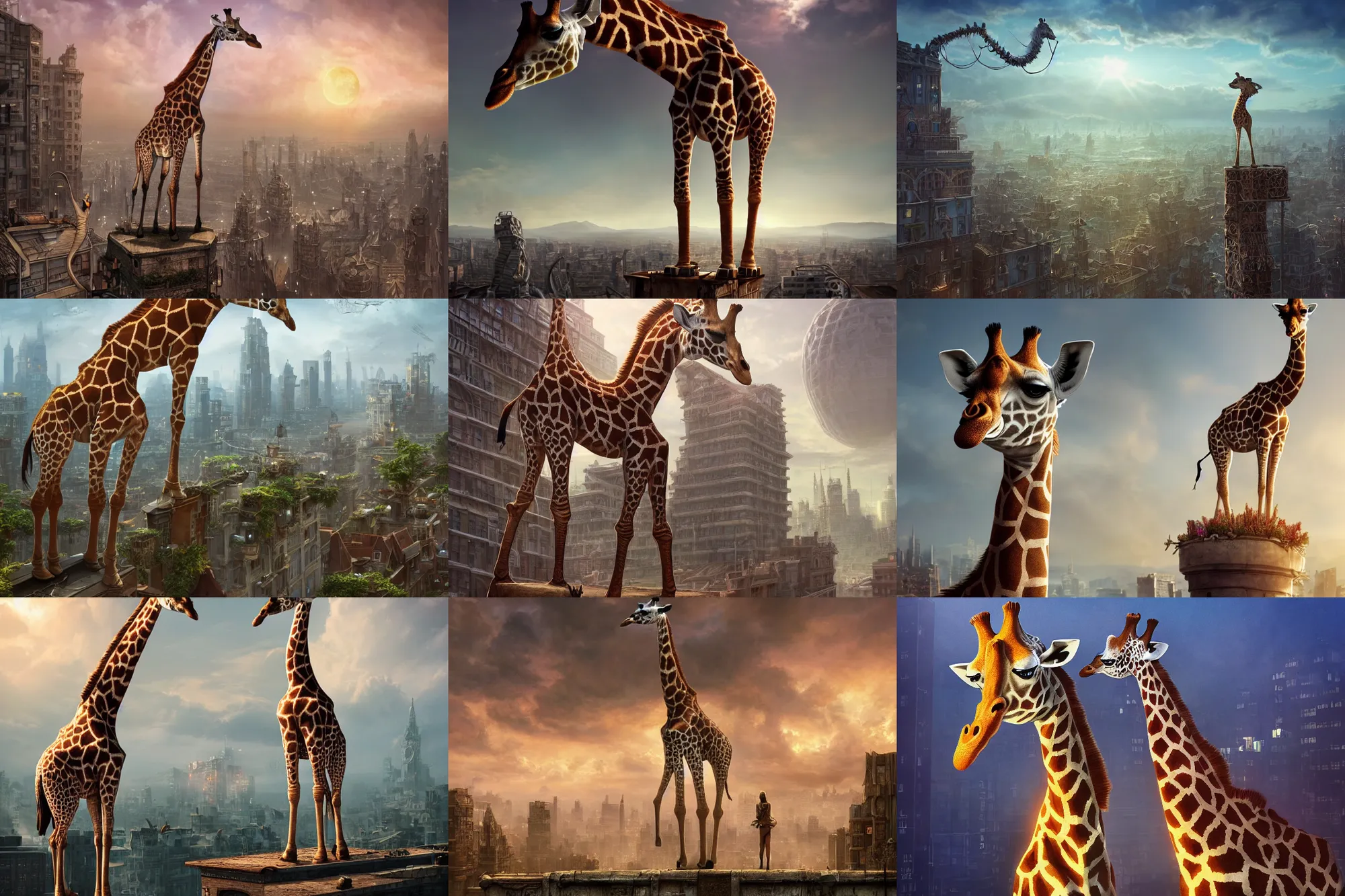 Prompt: giraffe standing on the rooftop, fantasy, illustration, intricate, epic lighting, cinematic composition, hyper realistic, 8 k resolution, unreal engine 5, by artgerm, tooth wu, dan mumford, beeple, wlop, rossdraws, james jean, andrei riabovitchev, marc simonetti, yoshitaka amano, artstation