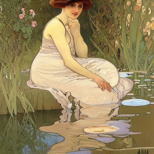 Prompt: A delicate painting of a pregnant woman sitting at a pond, by Alphonse Mucha, art nouveau, detailed, elegant