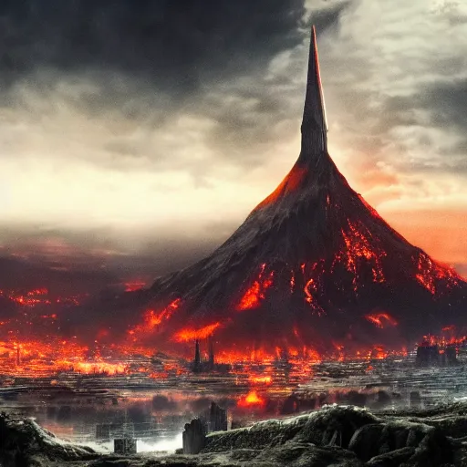 Image similar to mordor as a bustling city, highly detailed, sharp focus, skyline, vast, atmospheric, movie still, gothic, lord of the rings, mount doom, 4 k, fantasy