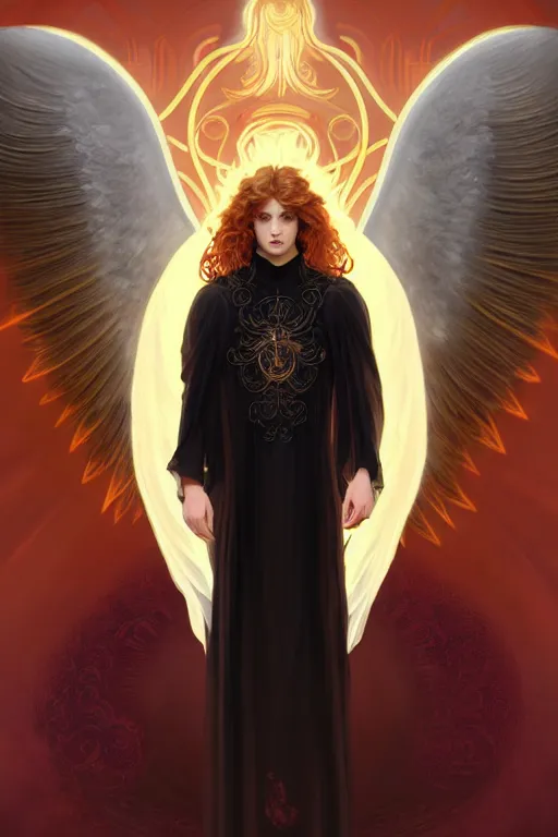 Image similar to symmetrical fullbody portrait of a beautiful young fit male angel with curly blond hairs, fulldressed in long fluent black clothes, majestic big red demonic wings, luminous fire halo, by greg rutkowski and alphonse mucha, gradient white to gold, in front of a smoky background, highly detailed portrait, digital painting, artstation, concept art, smooth, sharp focus illustration