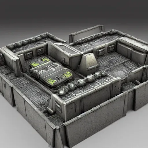 Image similar to 40k Tau empire bunker. Tao coalition. Greater good gromdark bunker. 3d printable wargaming terrain. High resolution render. CGSociety.