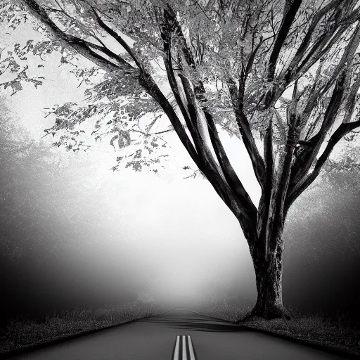 Prompt: a black and white photo of a tree on the side of a road, a matte painting by richard benning, cgsociety, generative art, aftereffects, matte painting, rendered in cinema 4 d