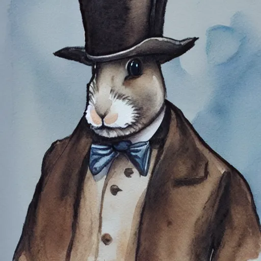 Image similar to a rabbit dressed as sherlock holmes, watercolour realism